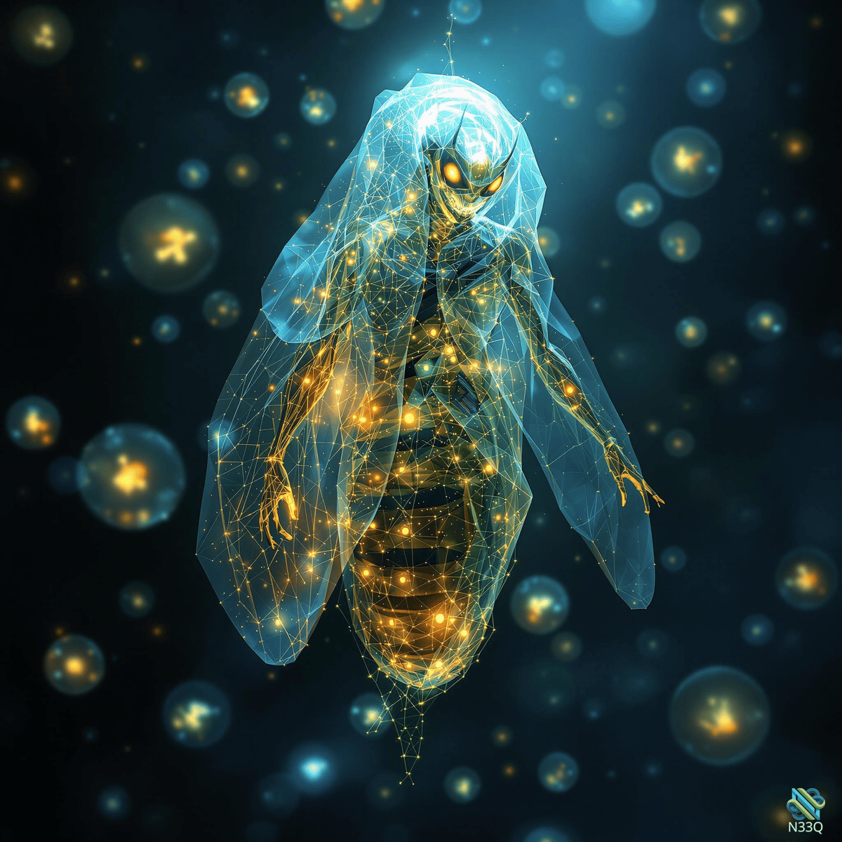Glowing Wireframe Bee Hologram