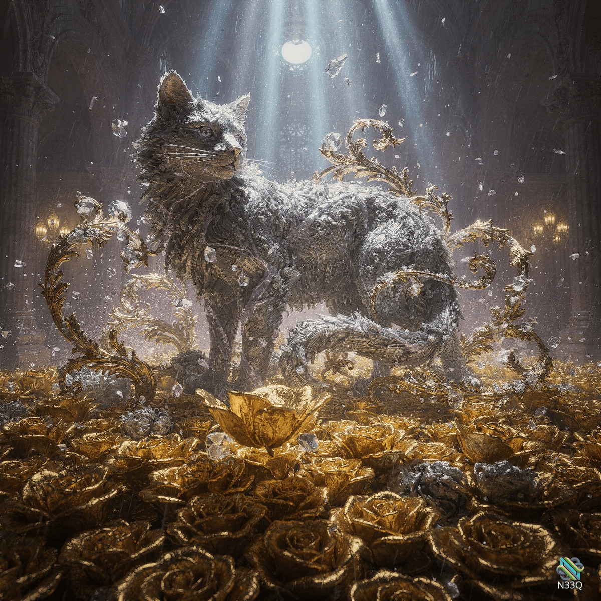 Crystal Cat Amid Golden Roses in Cathedral
