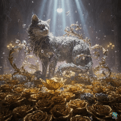 Crystal Cat Amid Golden Roses in Cathedral