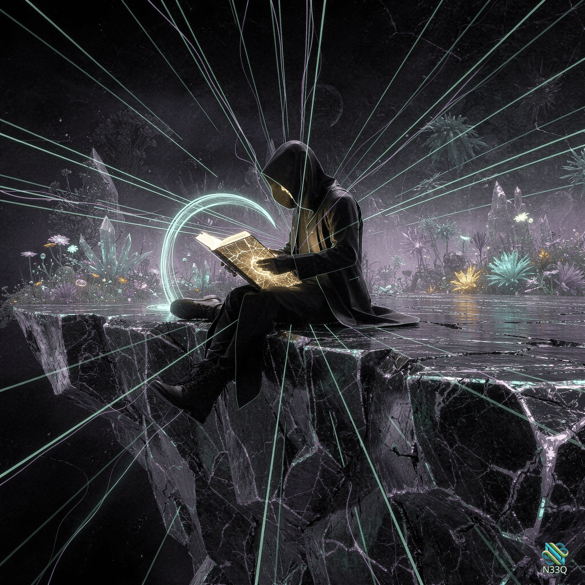 Hooded Figure Reading Glowing Book on Floating Rock