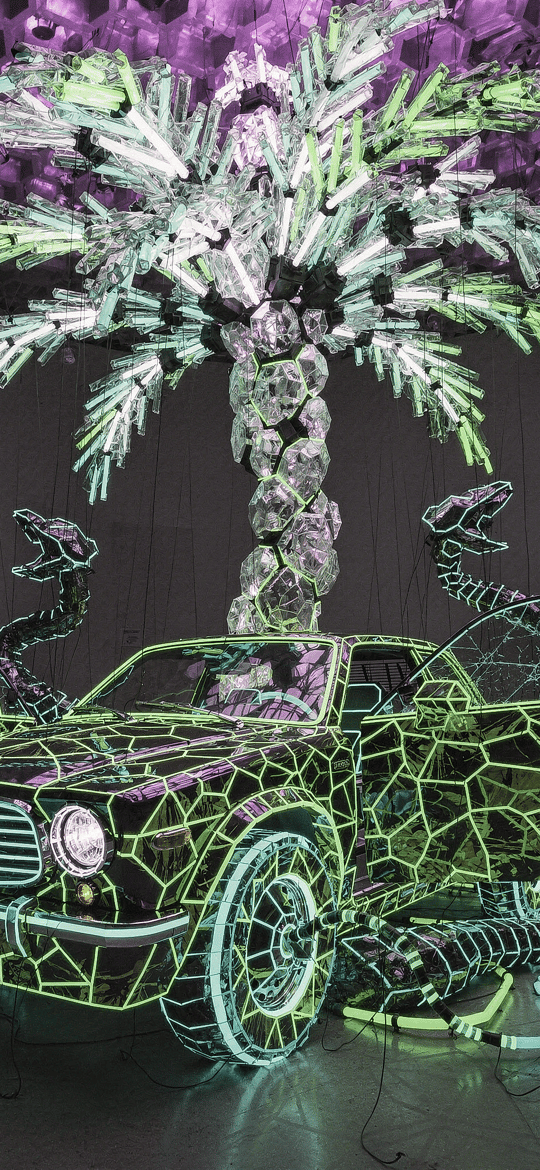 Neon Wireframe Car with Snakes and Palm Tree
