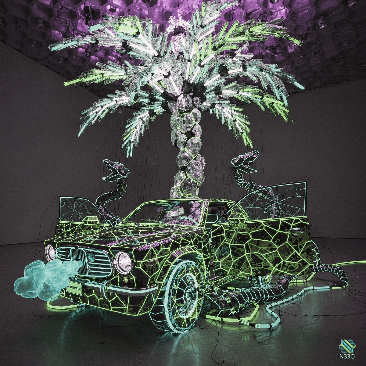Neon Wireframe Car with Snakes and Palm Tree