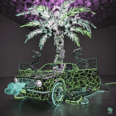 Neon Wireframe Car with Snakes and Palm Tree