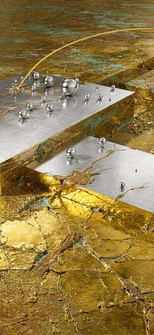 Silver Slabs with Metal Beads on Cracked Gold Leaf