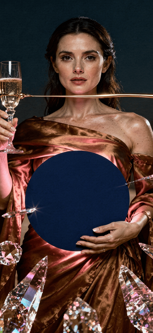 Woman in Bronze Silk with Champagne and Floating Crystals