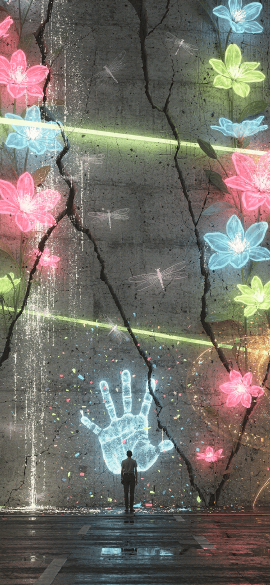 Cracked Monolith with Neon Flowers and a Glowing Hand