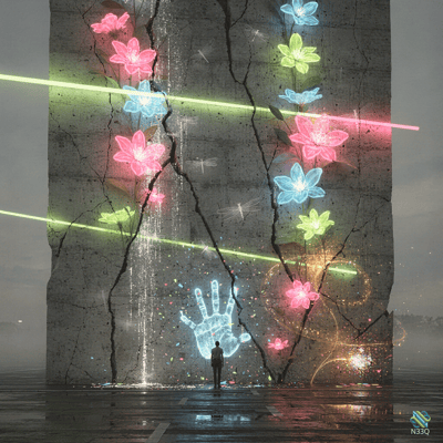 Cracked Monolith with Neon Flowers and a Glowing Hand