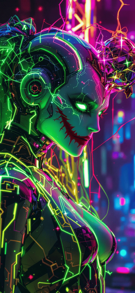 Neon Cyborg Woman in Cyberpunk Alley