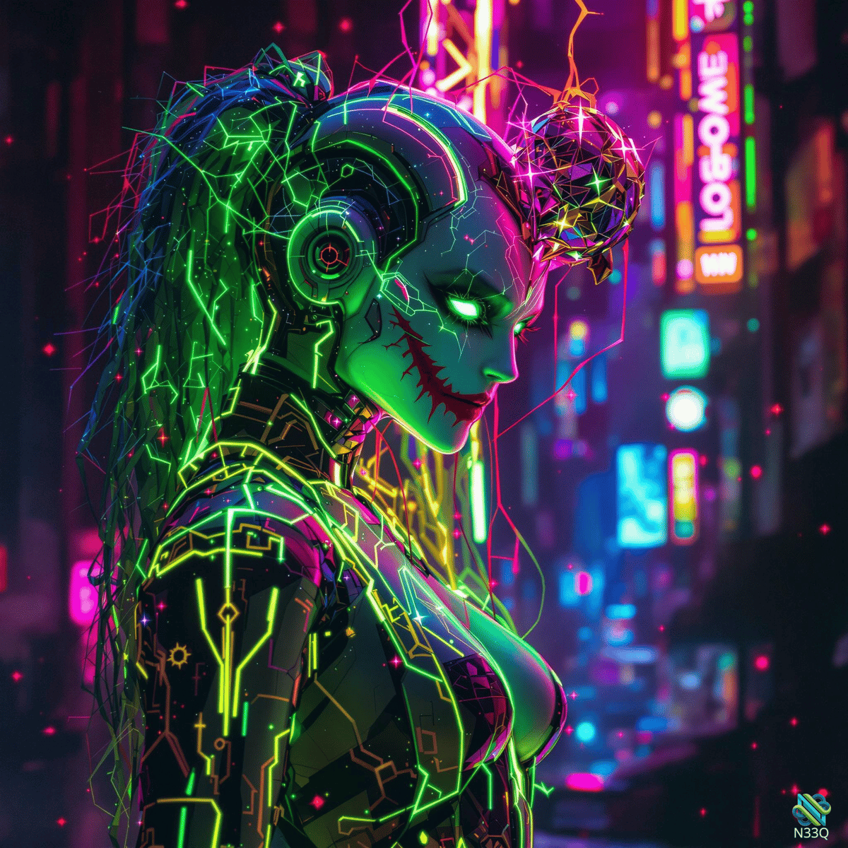 Neon Cyborg Woman in Cyberpunk Alley