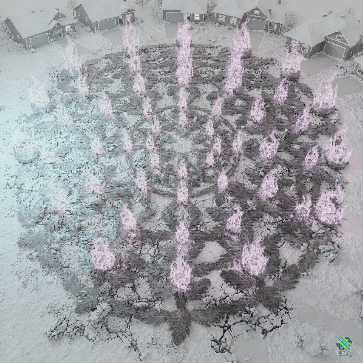 Pink Flames Mandala in Snowy Suburb