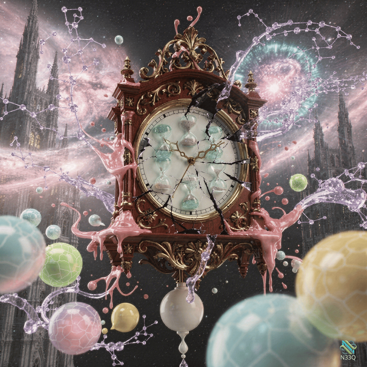 Cracked Ornate Clock with Hourglass Face