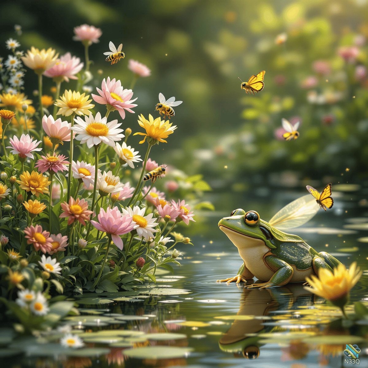 Fairy Frog by Blooming Pond Flowers