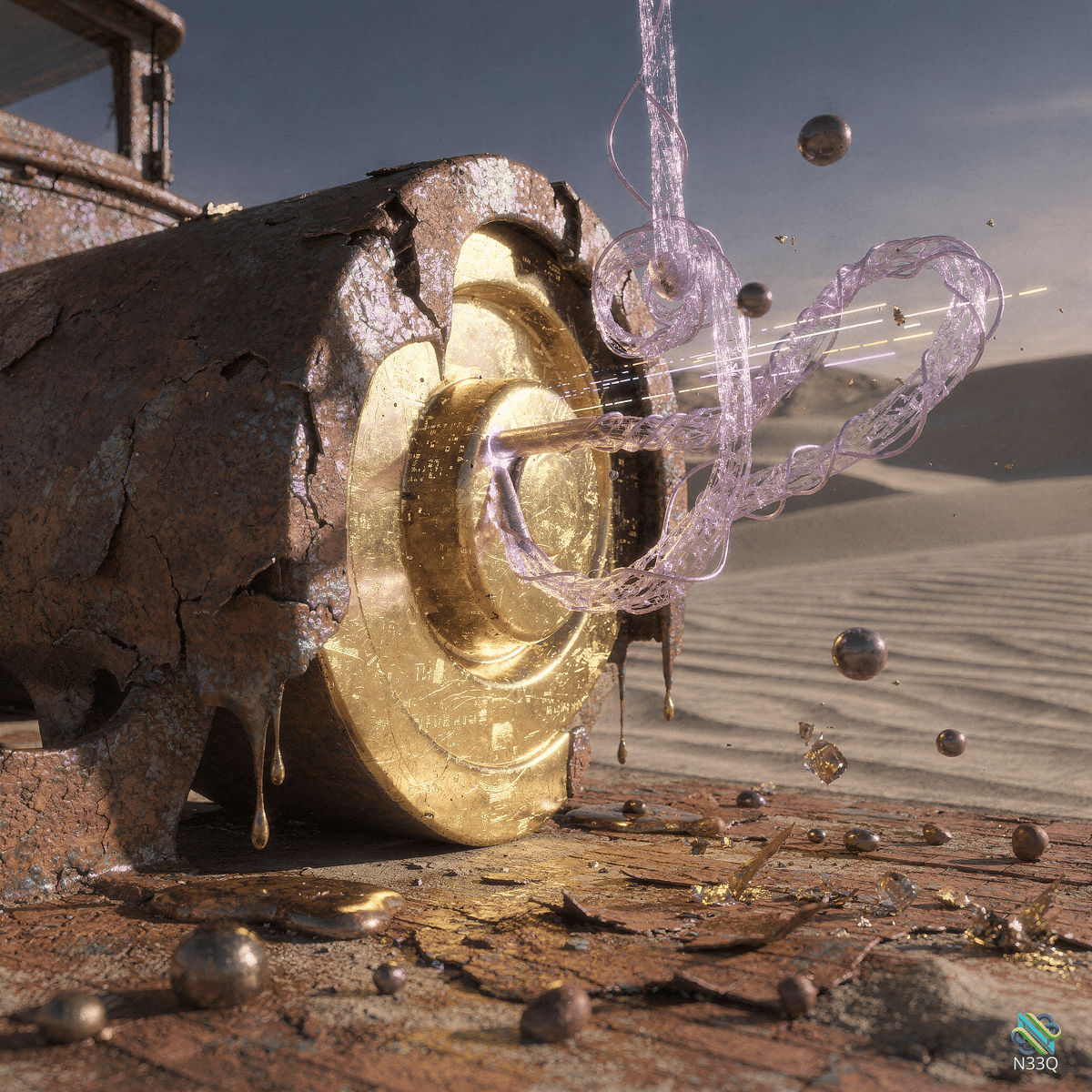 Rusted Wheel Bursting Purple Energy in Desert