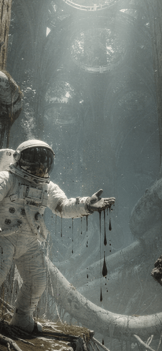 Astronaut Amid Overgrown Ancient Ruins