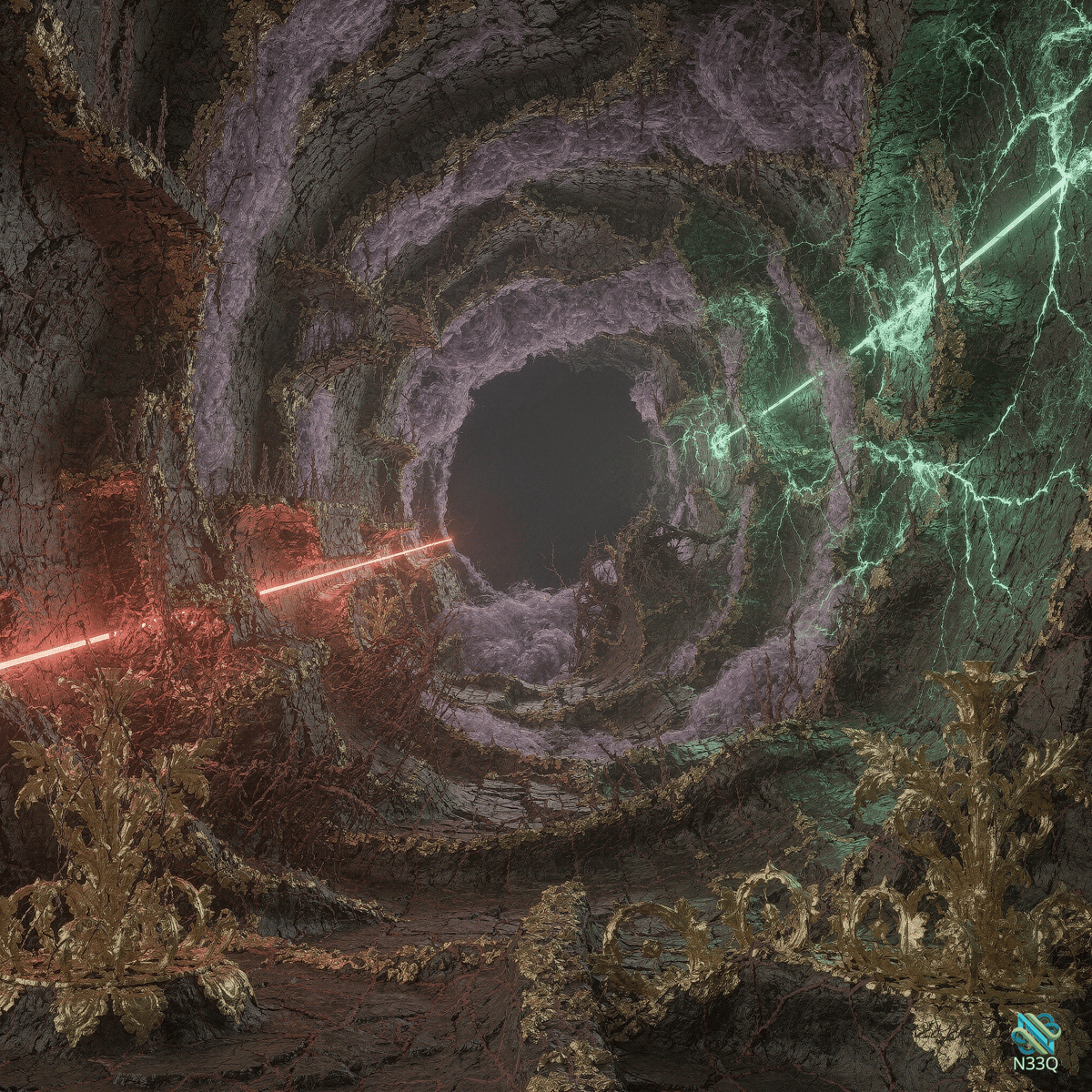 Fractured Rock Tunnel with Red Lasers and Green Lightning