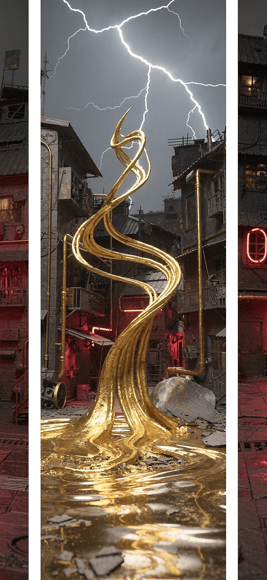 Golden Spiral Lightning in Neon Alley