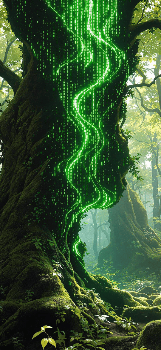 Mossy Tree with Cascading Green Binary Code