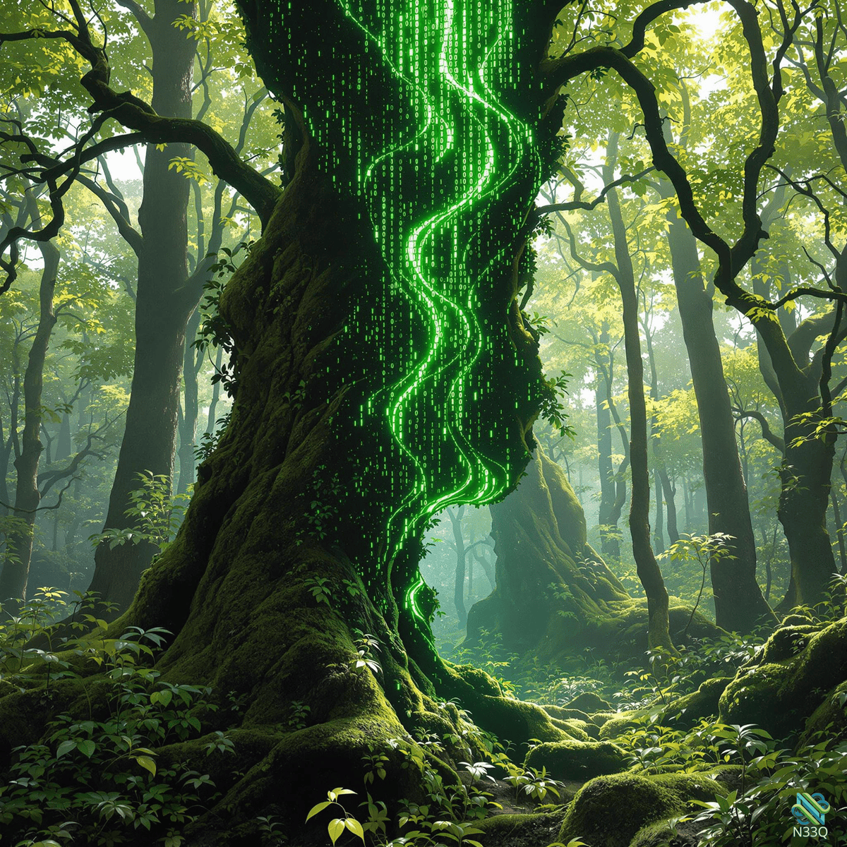 Mossy Tree with Cascading Green Binary Code