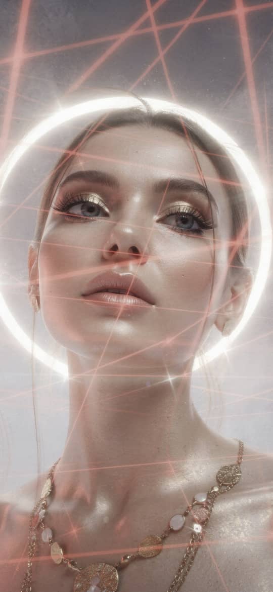 Woman with Radiant Halo and Red Energy Lines