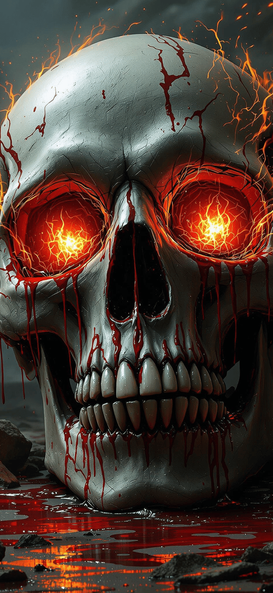 Fiery Skull with Glowing Eyes in Cave