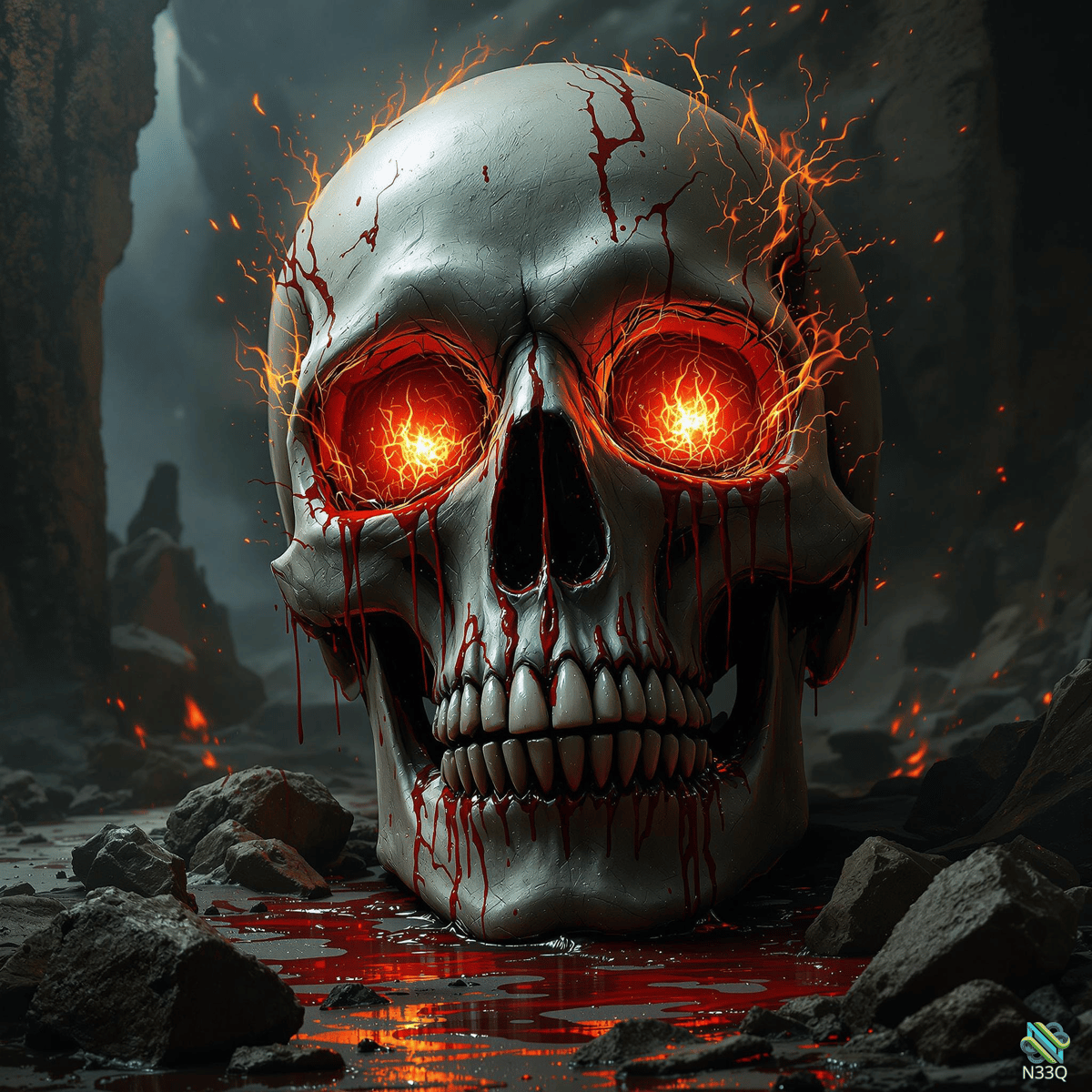 Fiery Skull with Glowing Eyes in Cave