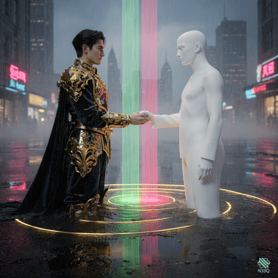 Gold-Armoured Man Shaking Hands with a White Mannequin