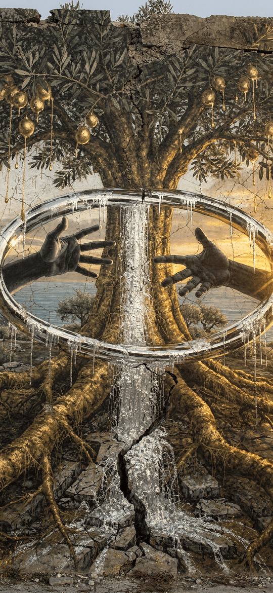 Olive Tree Portal with Reaching Hands