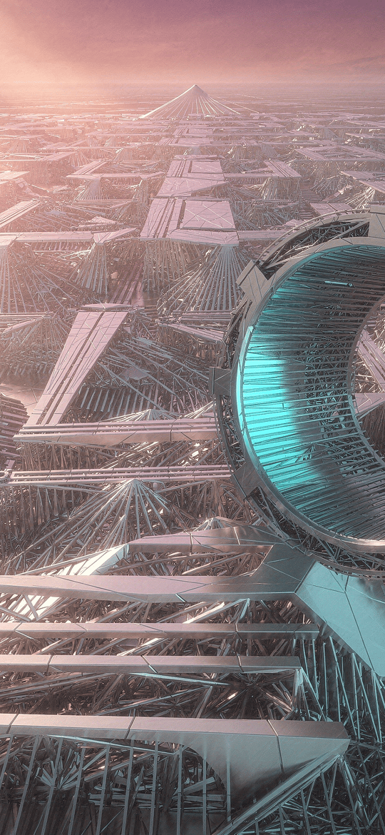 Endless Metal Lattice City with a Glowing Portal Ring