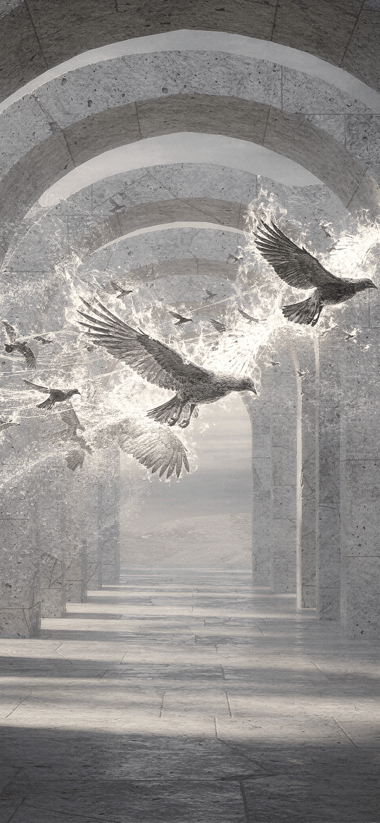 Birds Dissolving into Spray in a Stone Arcade