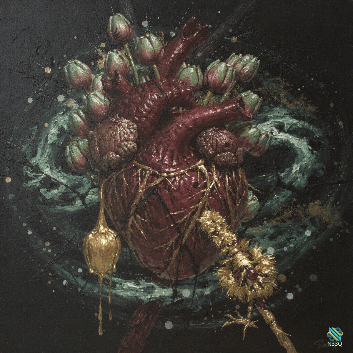 Anatomical Heart with Tulips and Gold