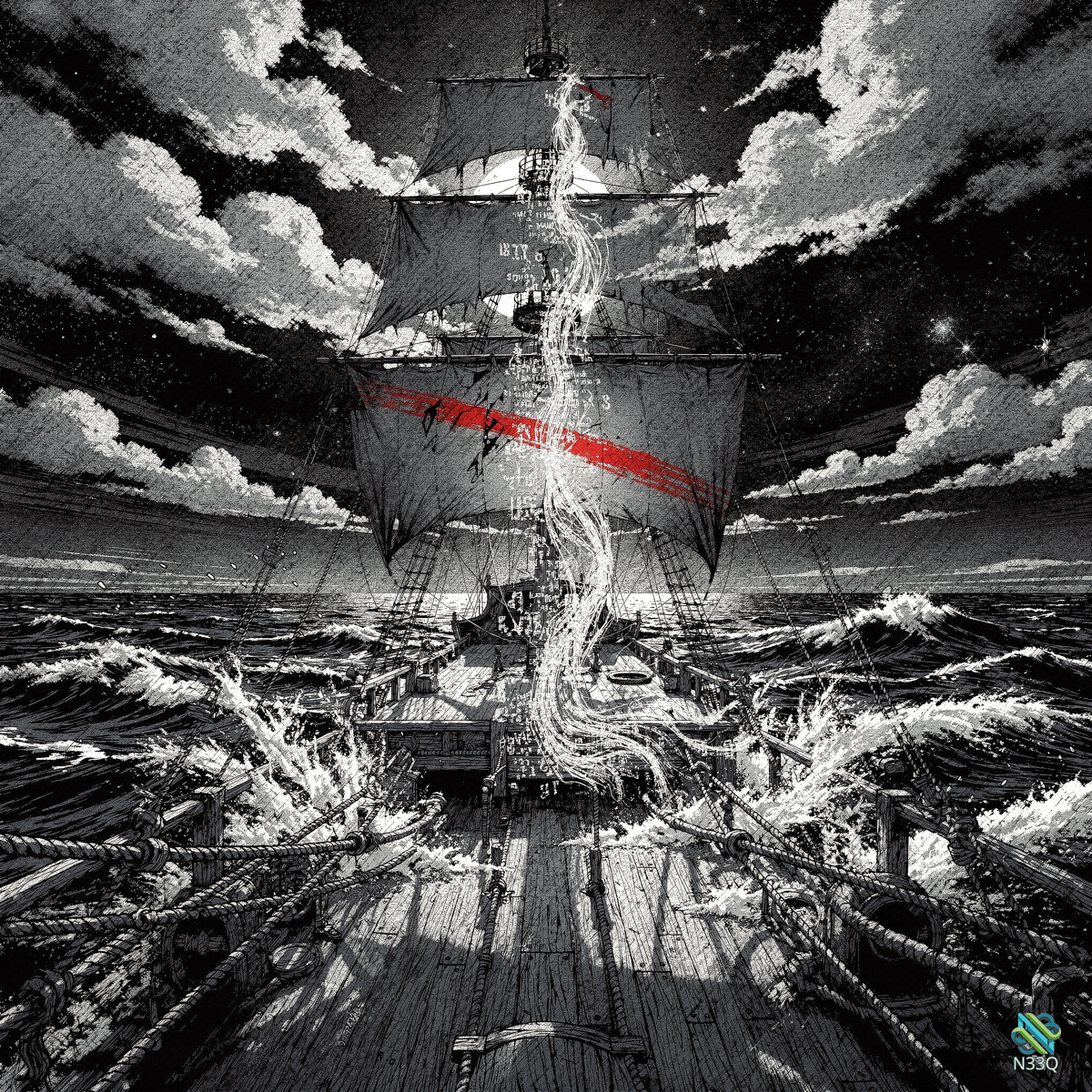 Lightning Striking Red Sailed Ship in Storm