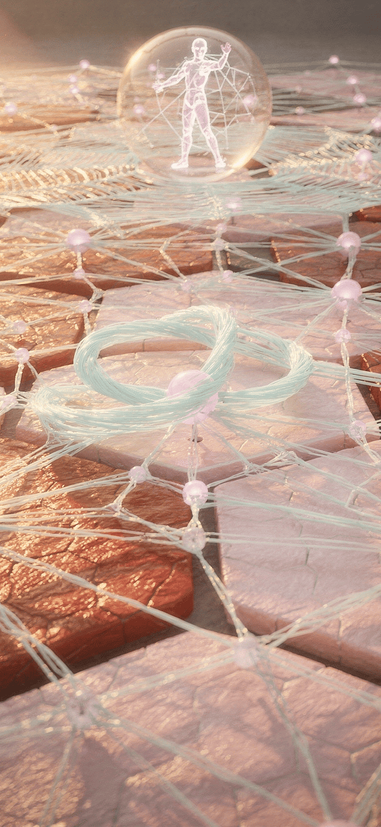 Glass Bubble with a Human Figure over a Hexagon Web