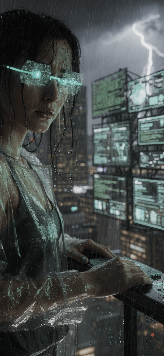 Woman with Neon Visor in Rainy Cyberpunk City