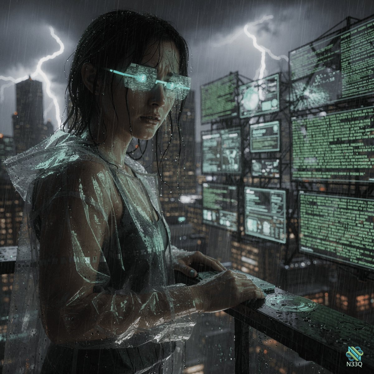 Woman with Neon Visor in Rainy Cyberpunk City
