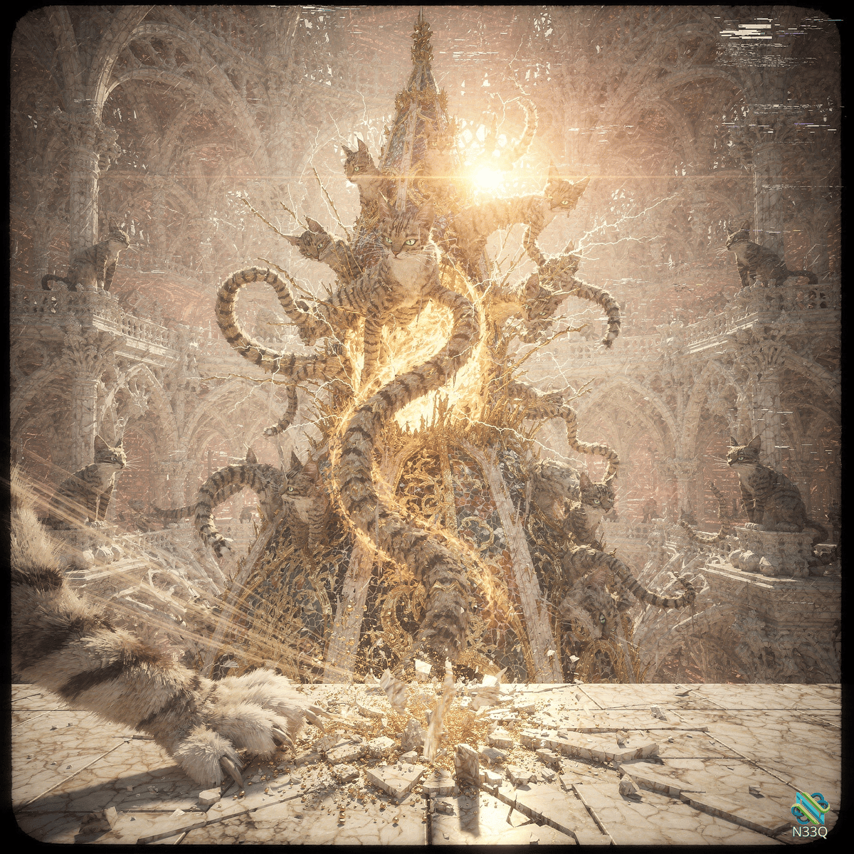 Glowing Tentacled Cat Monster in Cathedral