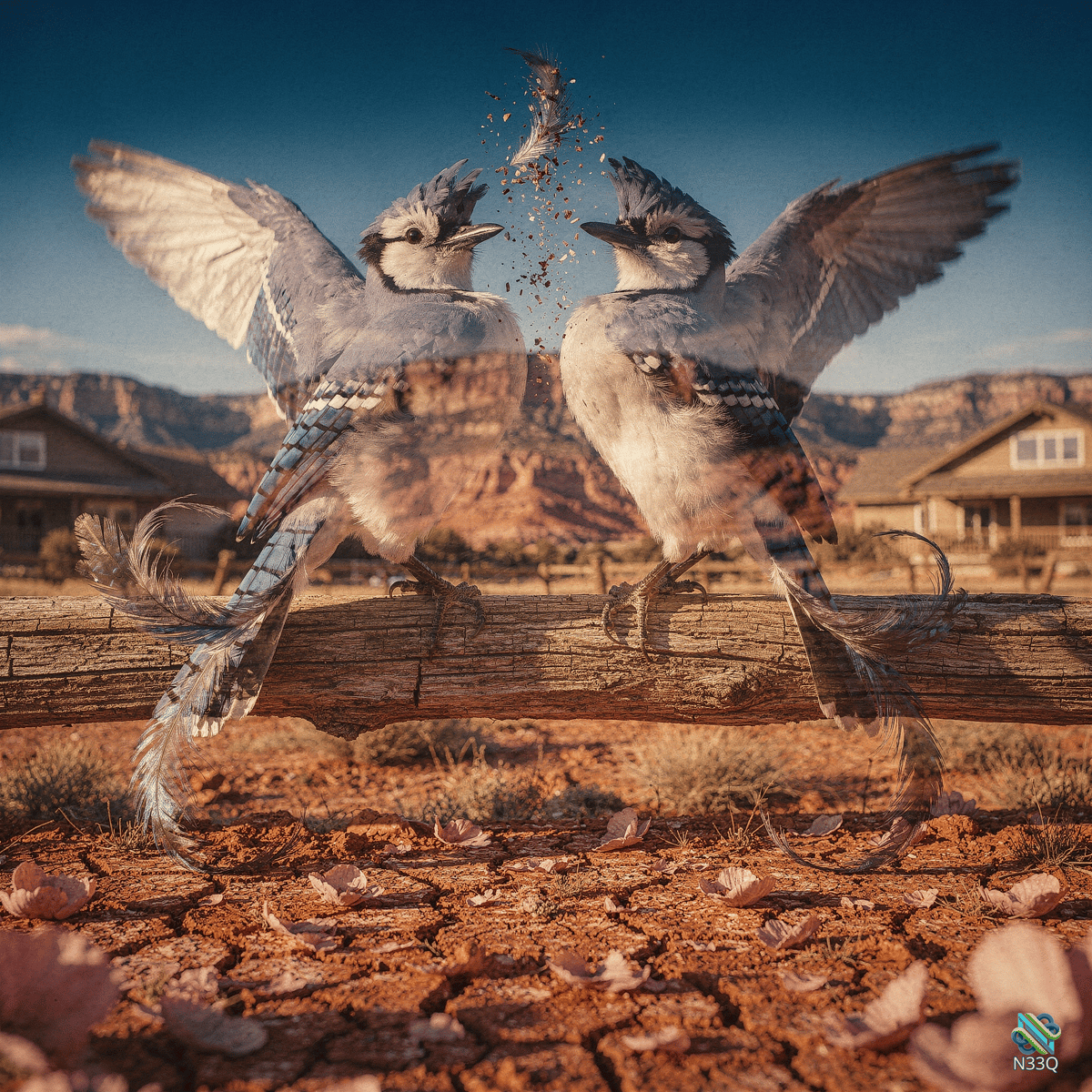 Two Blue Jays Fighting on Desert Fence