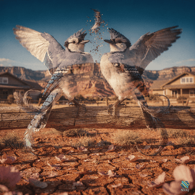Two Blue Jays Fighting on Desert Fence
