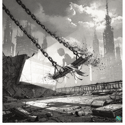 Silhouette on Chain Over Ruined Cyber City