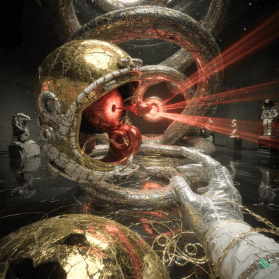 Cracked Golden Astronaut Helmet with Red Eye