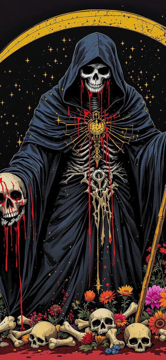 Grim Reaper Amidst Flowers and Skulls