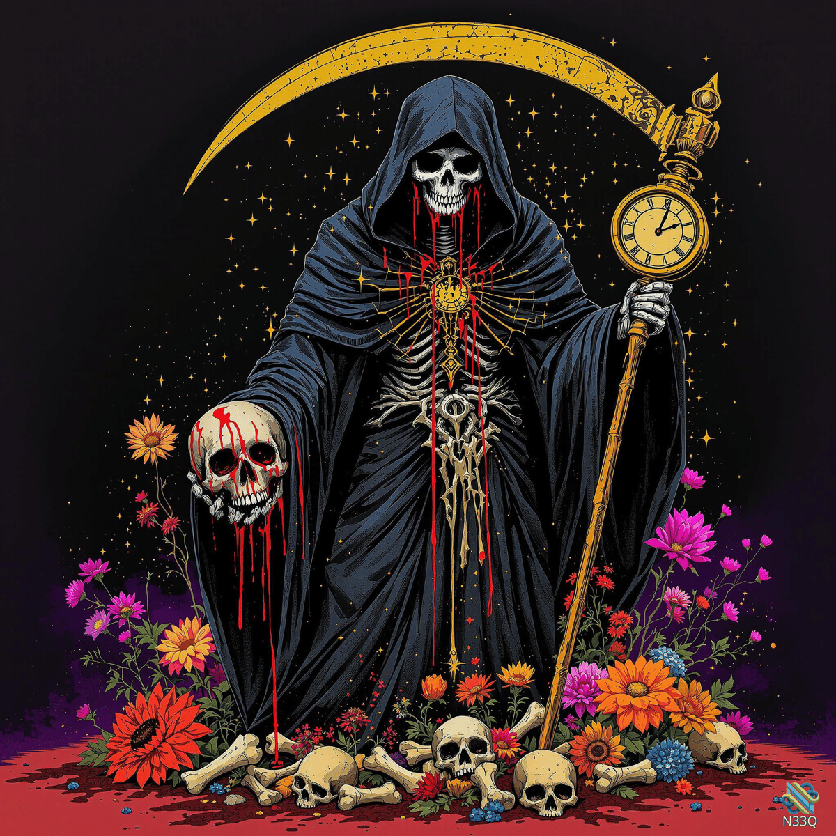 Grim Reaper Amidst Flowers and Skulls