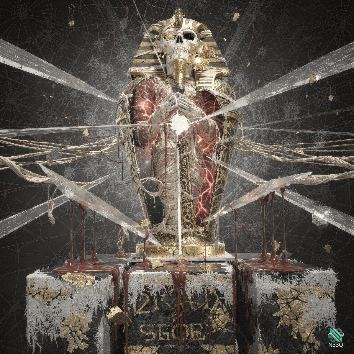 Mummified Pharaoh Skull Amid Exploding Glass Shards