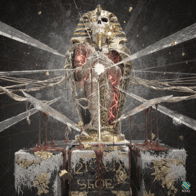 Mummified Pharaoh Skull Amid Exploding Glass Shards