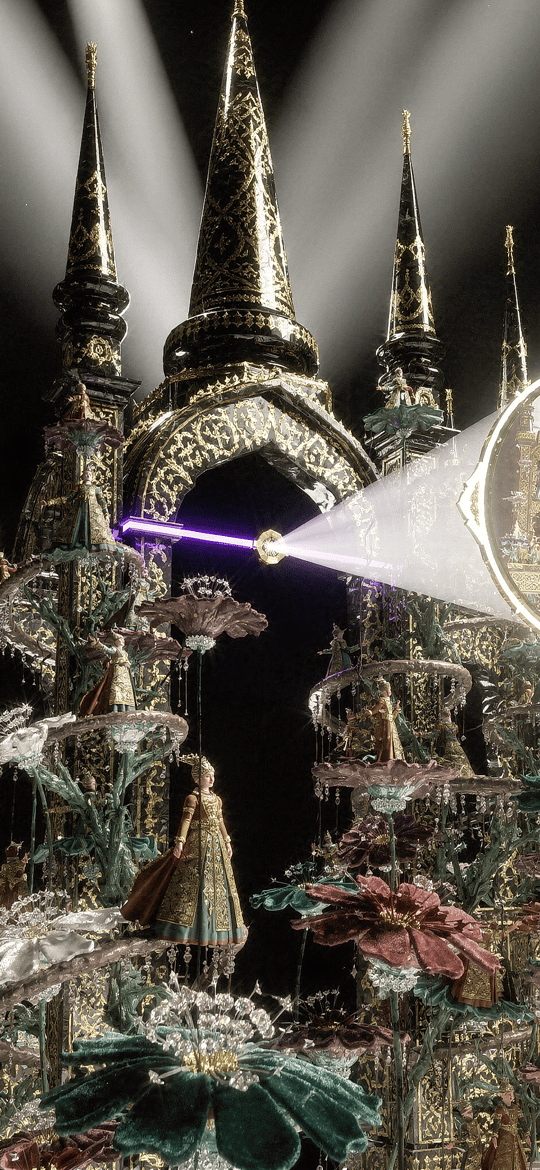 Fantasy Castle with Floating Flowers and Magic Beam