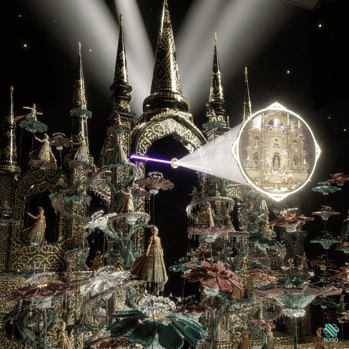 Fantasy Castle with Floating Flowers and Magic Beam