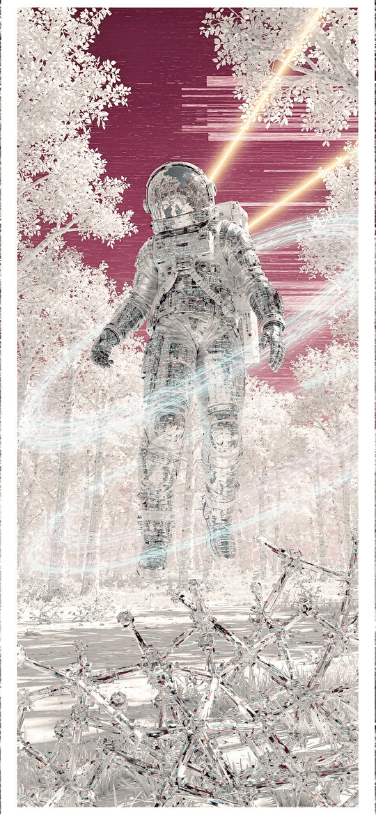 Floating Astronaut in a Pale Glitched Forest Triptych