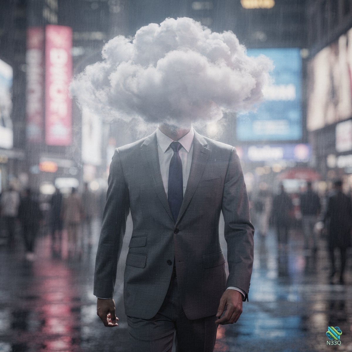 Businessman with Cloud Head in Rainy City