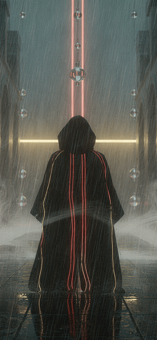Hooded Figure in the Rain Between Red Neon Bars