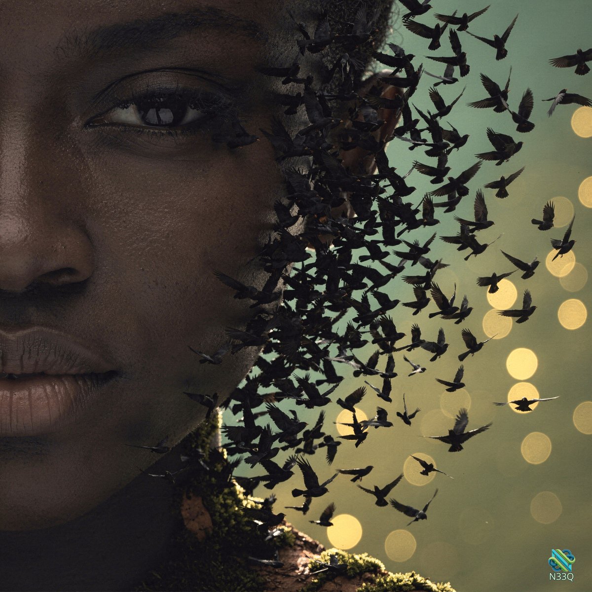 Woman's Face Merging with Flock of Birds