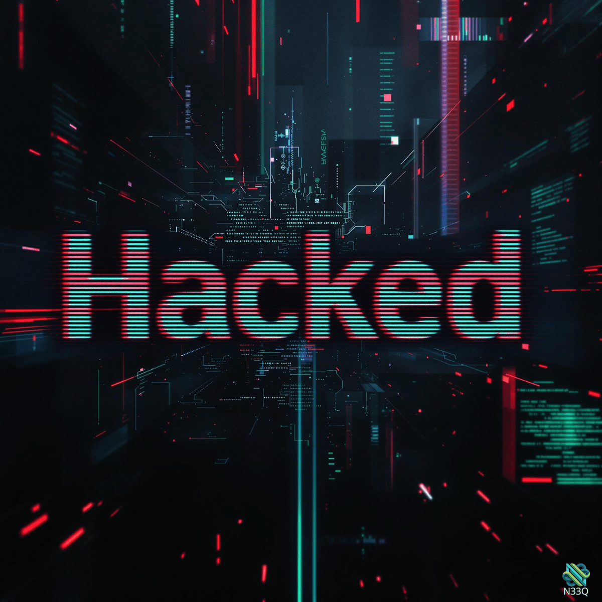 Hacked Neon Text in Cyberpunk Cityscape